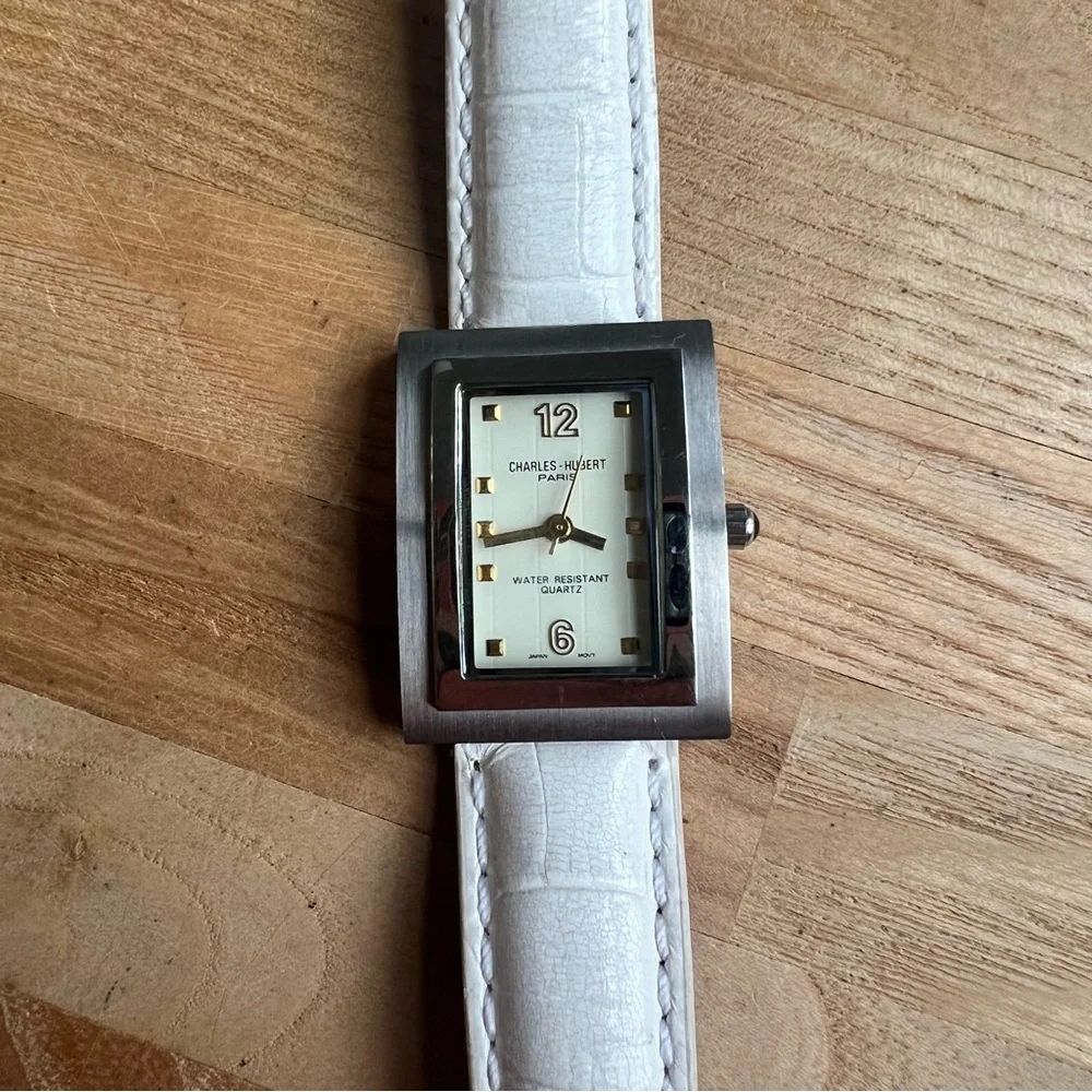 Charles Hubert Paris ladies rectangular white leather dress watch NEW BATTERY